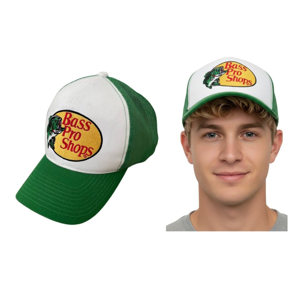 Bass Pro Shops Hat Green Embroidered Logo Mesh Back Cap Snapback Fish White